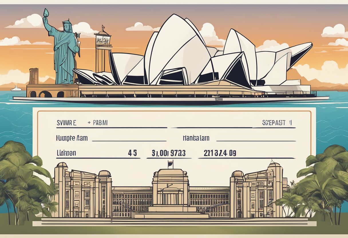 A long term visit pass for Singapore displayed with the country's flag and iconic landmarks in the background