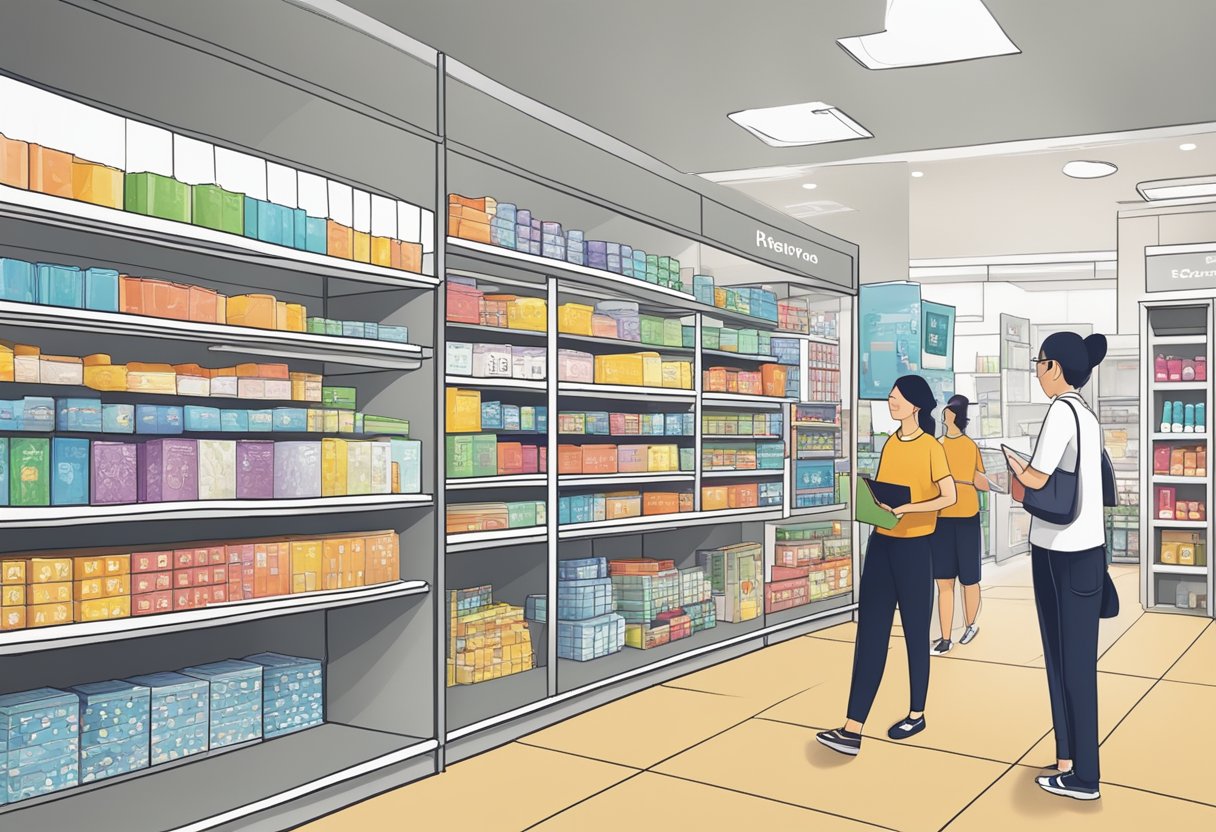 Customers browsing shelves in m1 shop singapore, staff assisting, signage displaying "Frequently Asked Questions"