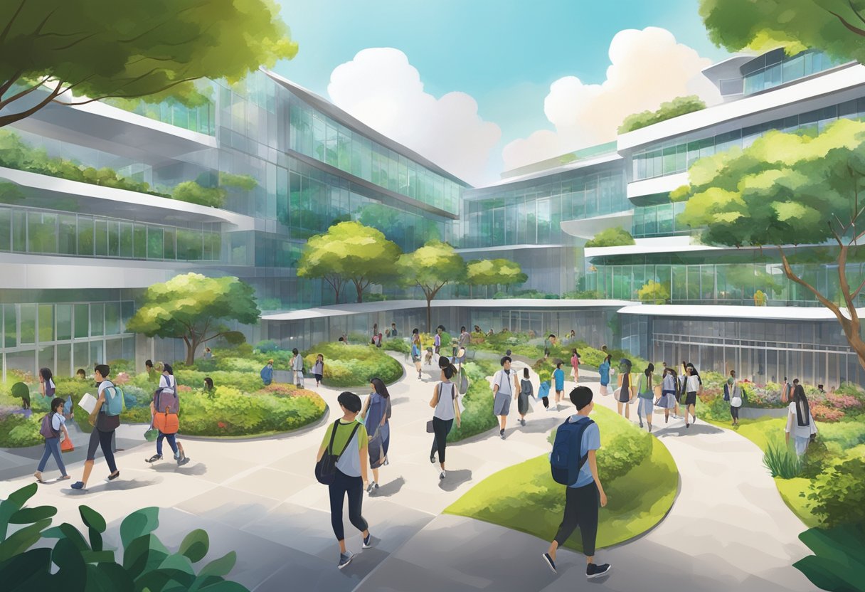A bustling campus with modern buildings and lush greenery, students walking to and from classes, and a vibrant atmosphere at Junior College Singapore