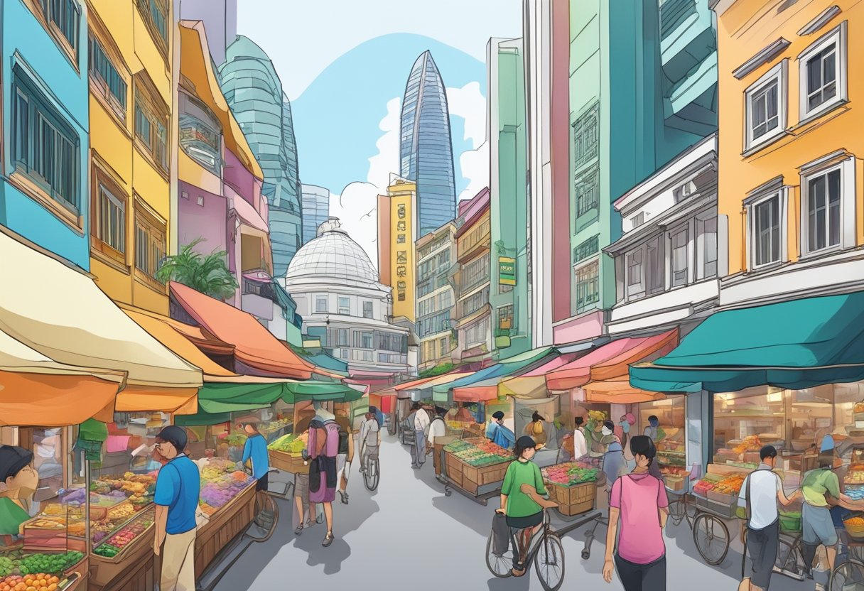 A bustling street in Singapore, with colorful buildings, bustling markets, and a mix of traditional and modern architecture