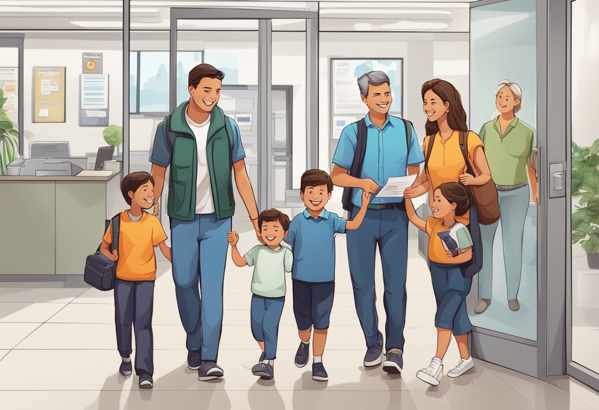 A family of four happily receives their Long-Term Visit Pass at the immigration office, surrounded by friendly staff and informative brochures