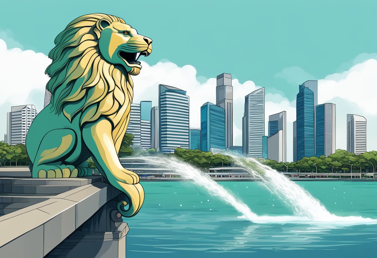 The majestic Merlion statue spouts water into the Singapore River with the city skyline in the background