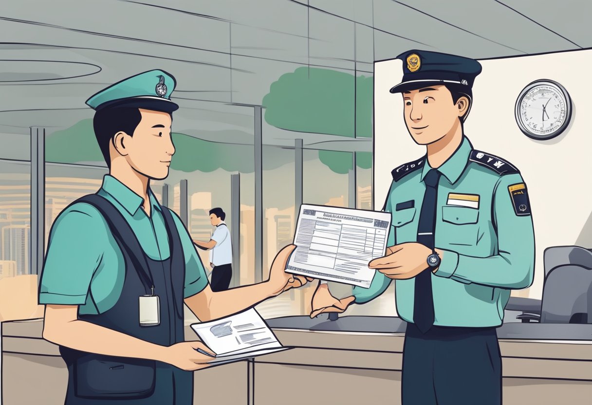 A person receiving a long-term visit pass in Singapore, with official documents being processed and explained by an immigration officer