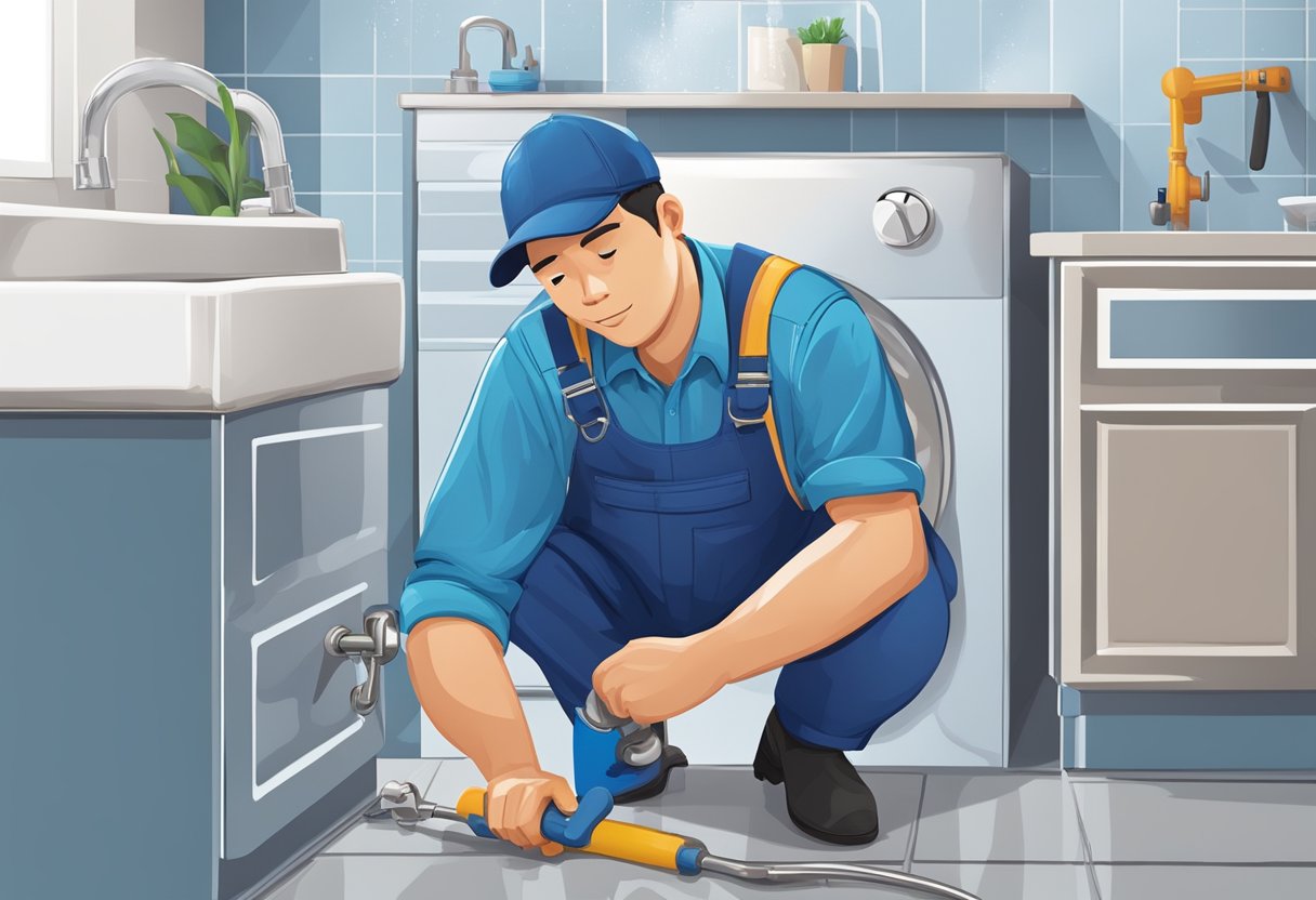 A plumber in Singapore fixing a leaky pipe under a sink with a wrench and wearing a blue uniform
