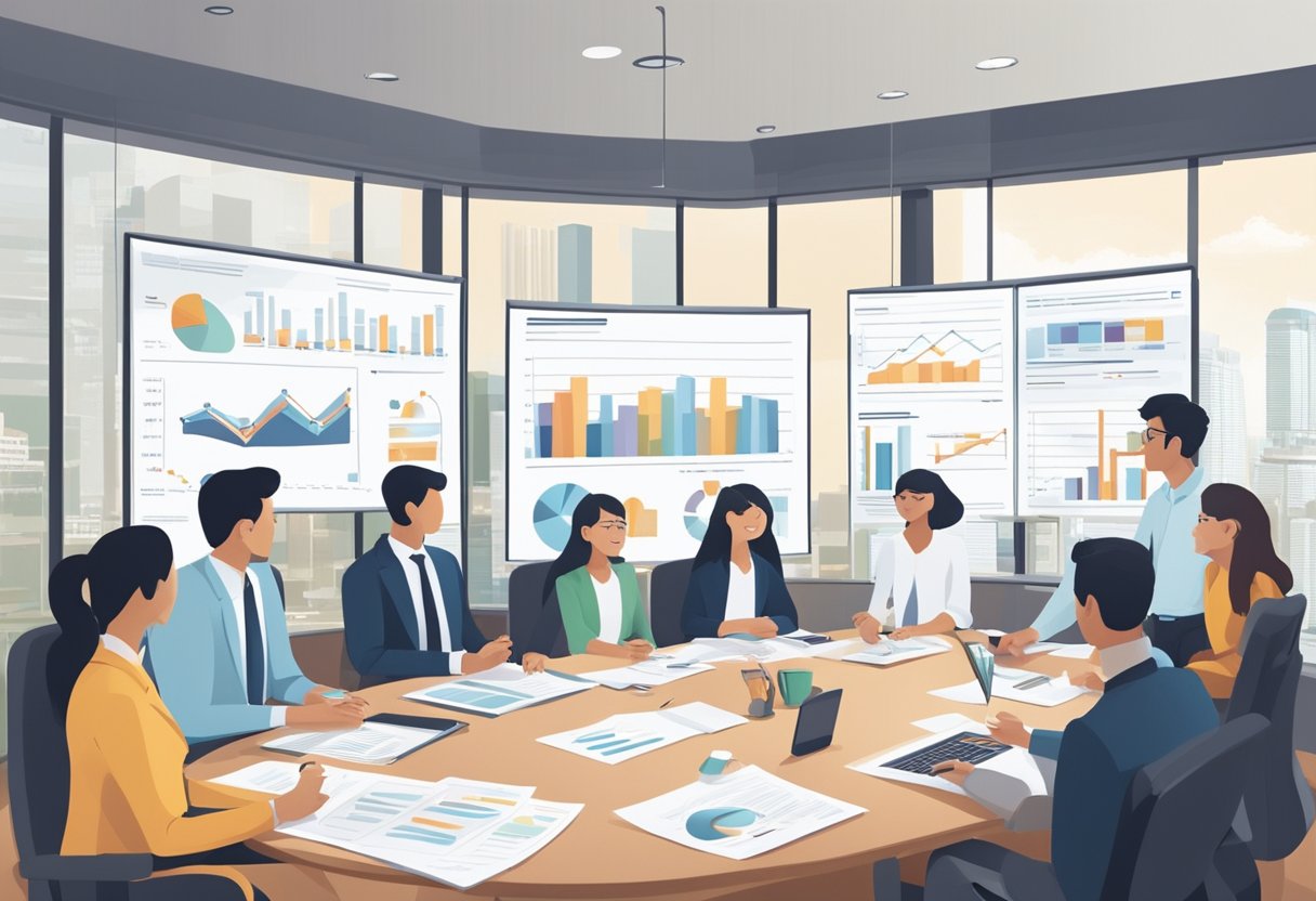 A group of people discussing GST policy in a boardroom, charts and graphs on the wall, with a positive impact on the Singapore economy visible in the background