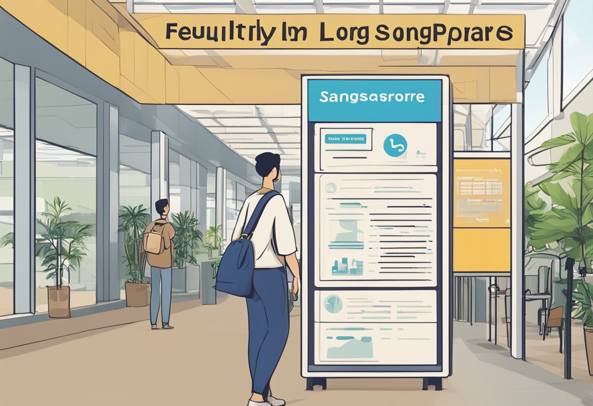 A person standing in front of a sign that reads "Frequently Asked Questions Long Term Visit Pass Singapore." The sign is displayed prominently with clear and legible text