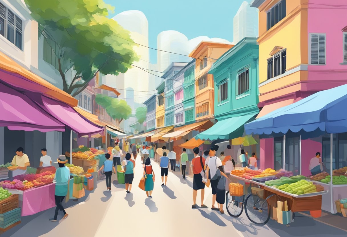 A bustling street in Singapore with colorful buildings and vibrant street vendors