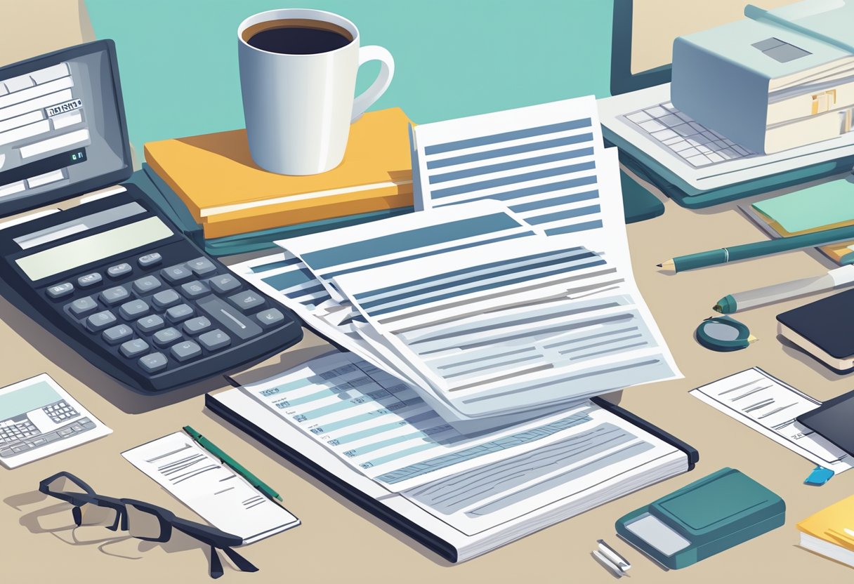 A stack of papers with "Frequently Asked Questions gst singapore" printed on top, surrounded by a computer, calculator, and business documents