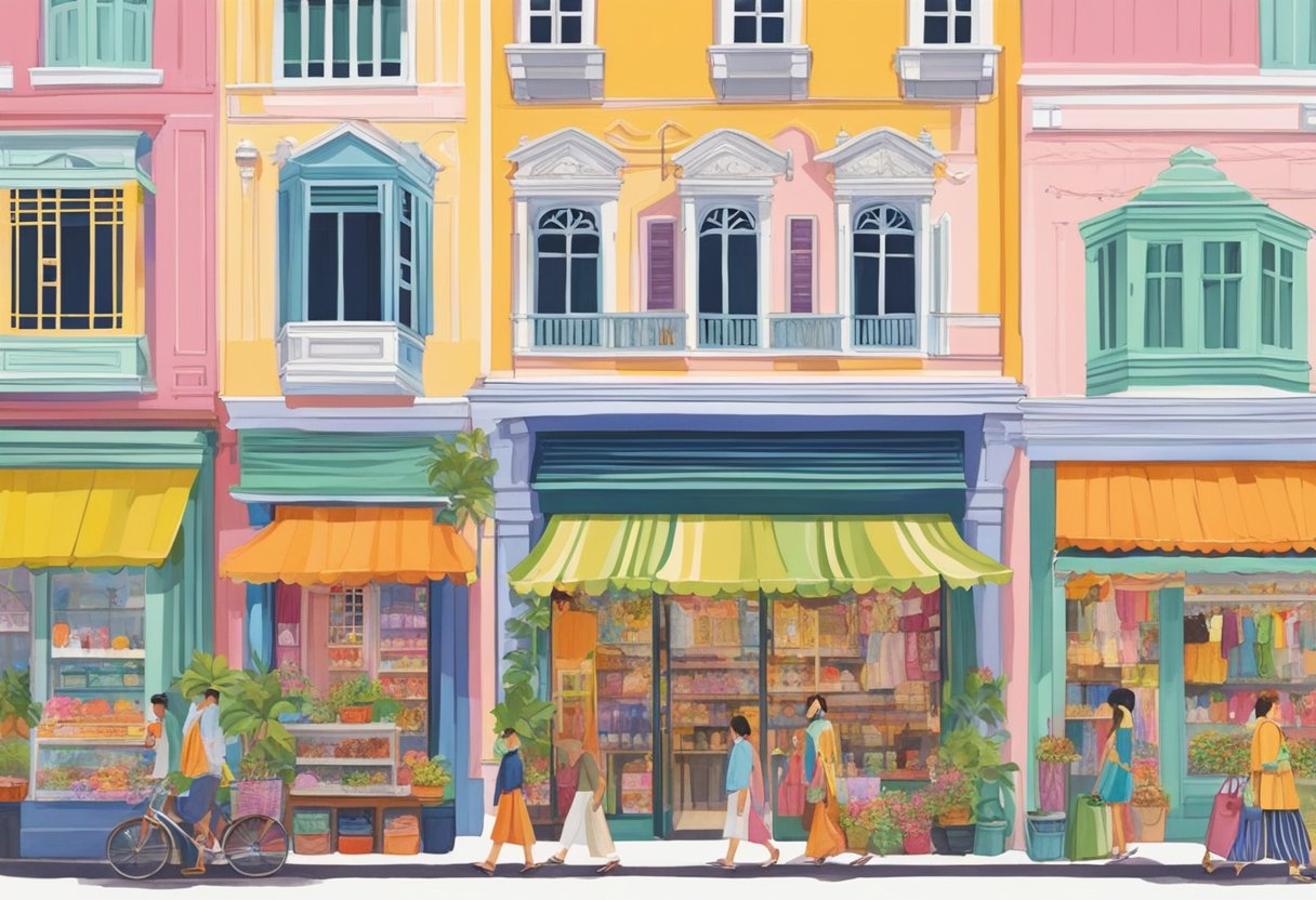Vibrant storefronts line a bustling Singapore street, showcasing Lalu's eclectic fashion offerings. Bright colors and bold patterns draw in passersby