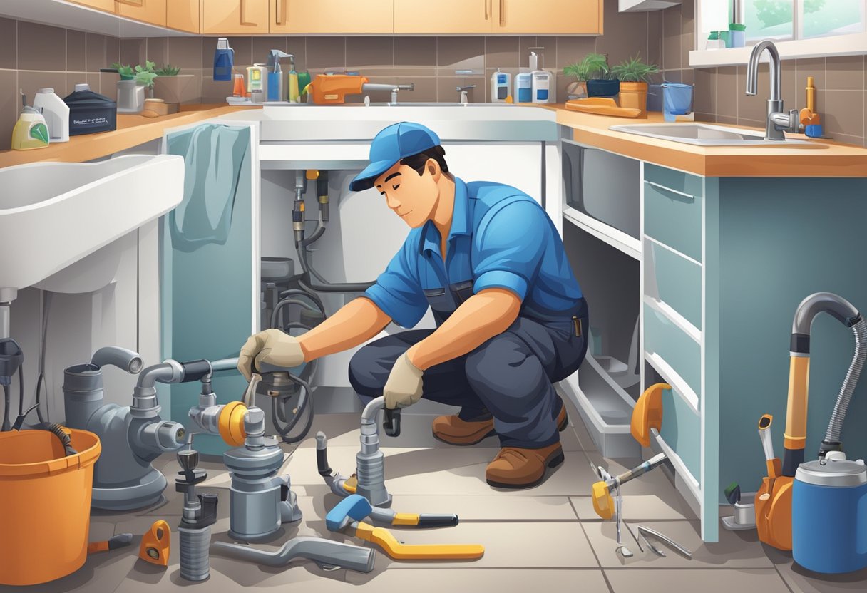 A plumber in Singapore fixes a leaking pipe under a sink, surrounded by various tools and equipment