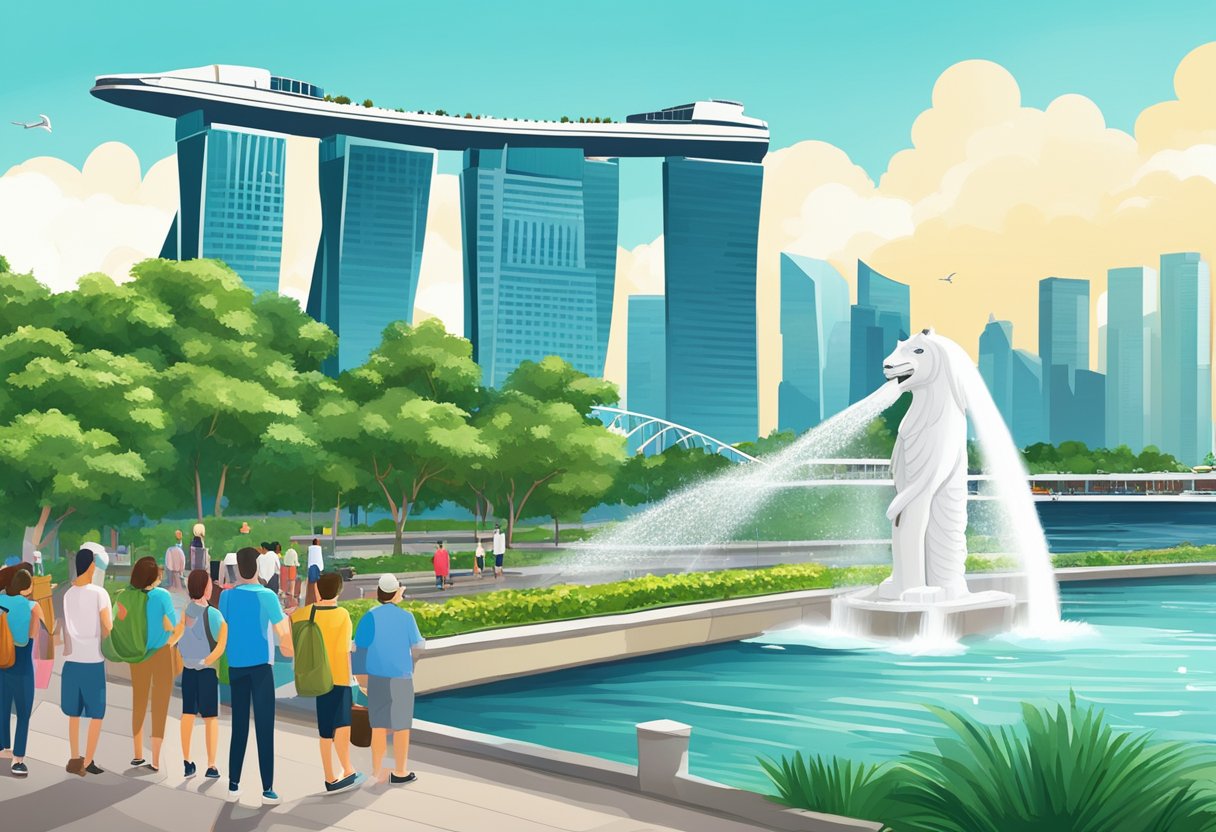 Merlion Park: iconic statue spouting water, overlooking Marina Bay. Skyscrapers and lush greenery surround the park, with tourists and locals enjoying the scenic views