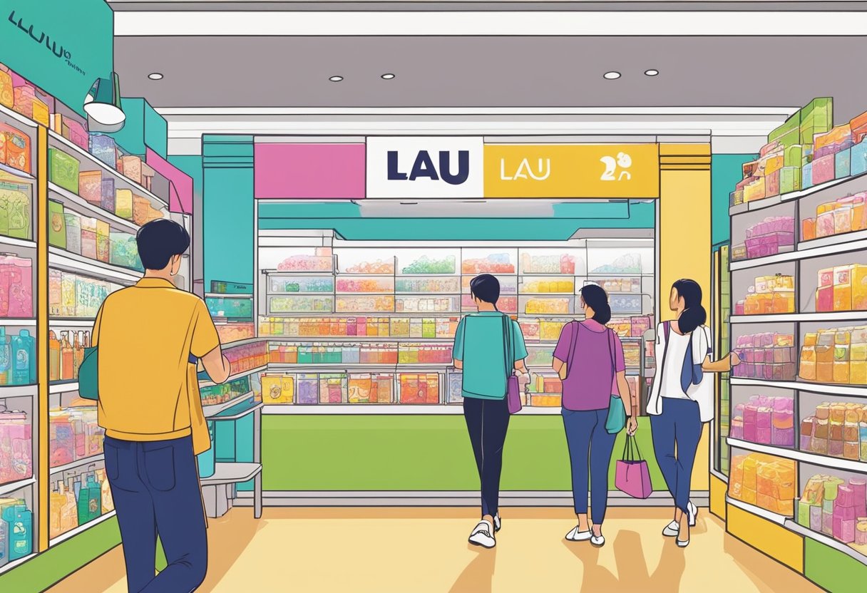 Customers browse colorful displays at Lalu Lalu Singapore, admiring unique products and vibrant packaging. The store is filled with a variety of items, creating a lively and inviting shopping experience