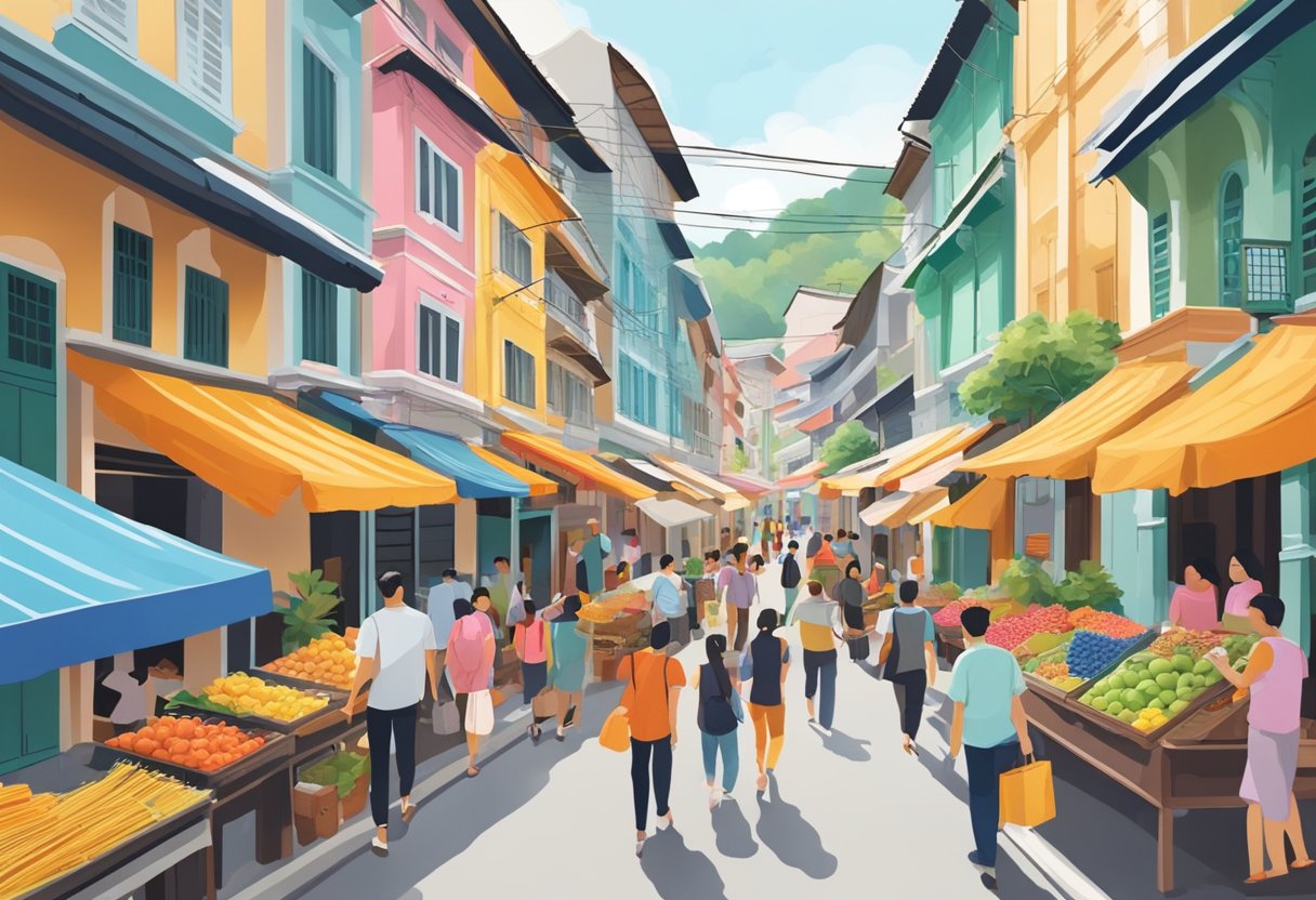 A bustling street in Monti Singapore, with colorful shophouses lining the road and vibrant street vendors selling their goods