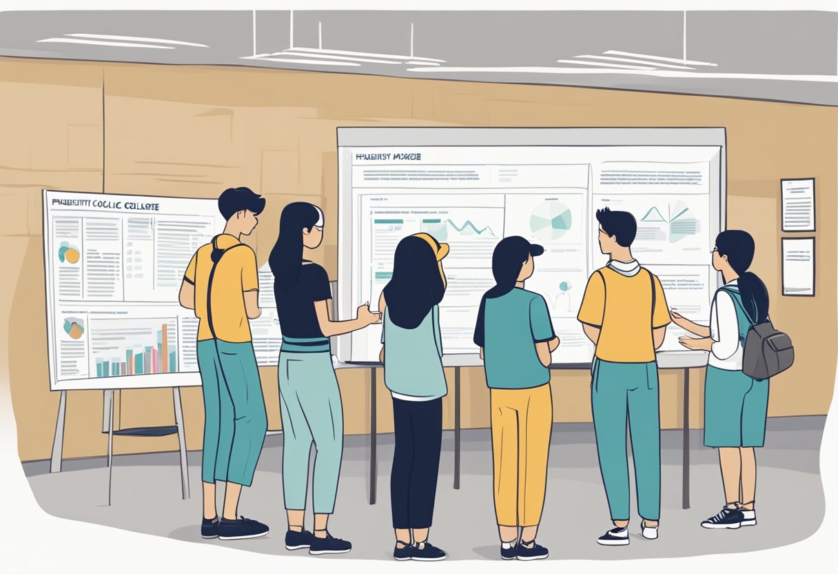 A group of students gather around a bulletin board labeled "Frequently Asked Questions junior college Singapore." They point and discuss the information displayed