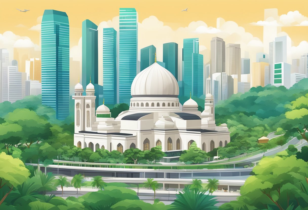 A diverse religious landscape in Singapore, with mosques, temples, and churches nestled among modern skyscrapers and lush greenery