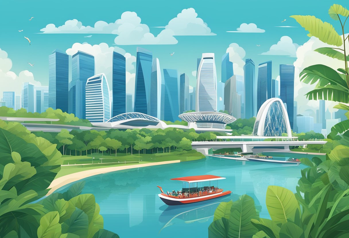 A bustling city skyline with iconic landmarks like Marina Bay Sands and the Singapore Flyer against a backdrop of clear blue skies and lush greenery