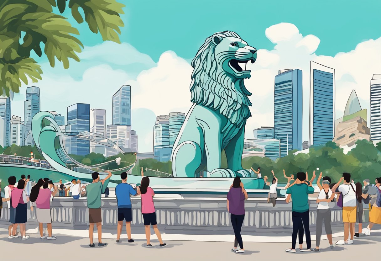 The iconic merlion statue in Singapore, surrounded by tourists taking photos and admiring the majestic creature