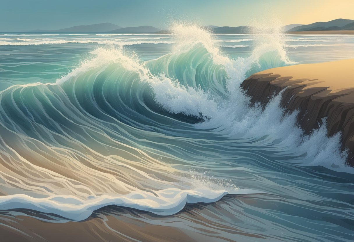 The waves crash against the shore as the tide rises, revealing the wet sand and leaving behind small pools of water
