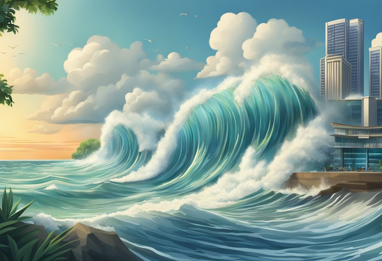 The waves crash against the shore, as the water level rises and falls according to the tide tables in Singapore