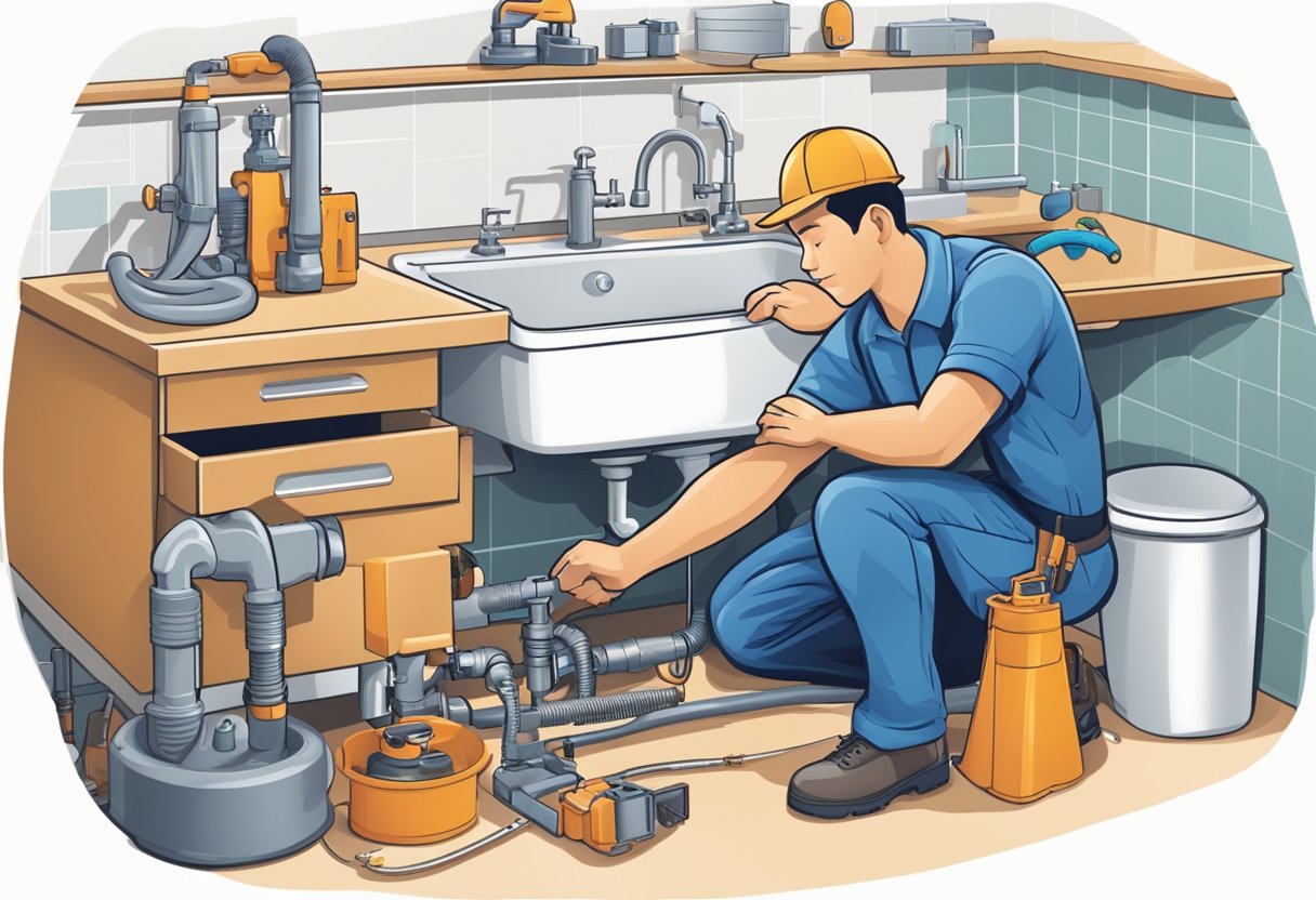 A plumber in Singapore fixing a leaky pipe under a sink, surrounded by various plumbing tools and equipment