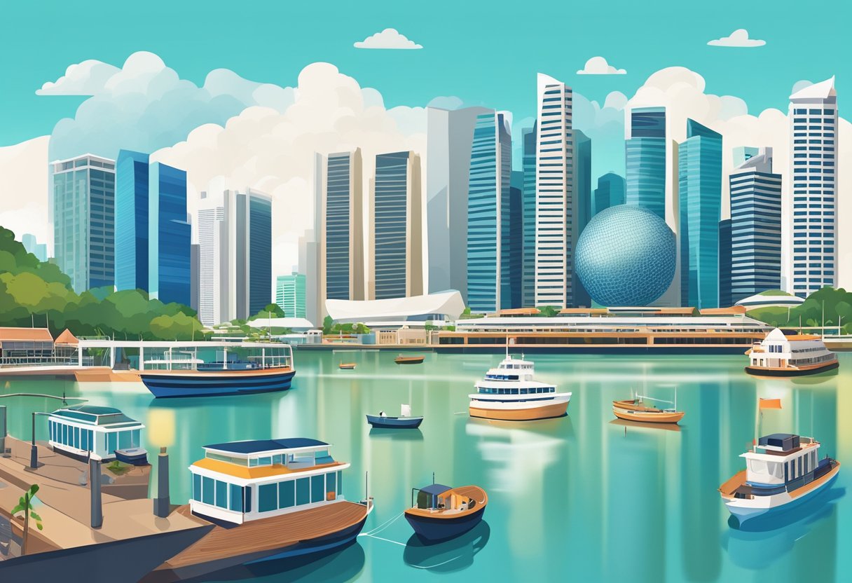 The skyline of Singapore's Marina Bay with its iconic landmarks and bustling port activity