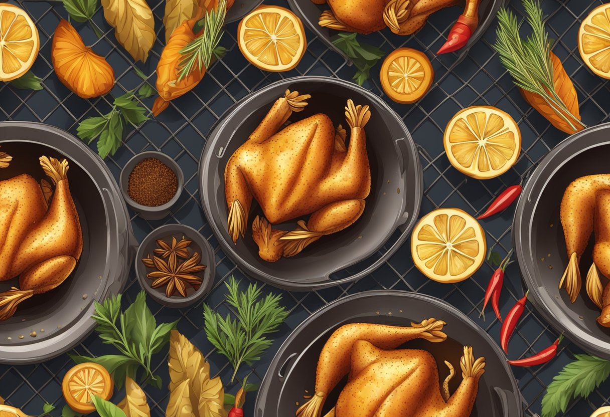 A sizzling hot oven with golden brown chicken pieces on a wire rack, surrounded by aromatic herbs and spices
