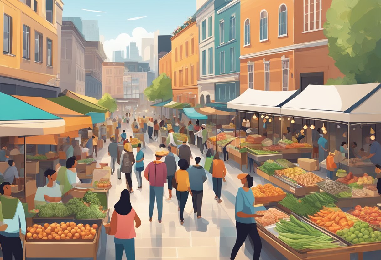 A bustling marketplace with diverse food stalls, showcasing innovative and sustainable food products, while consumers engage in lively conversations with vendors