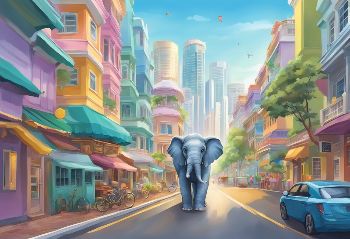 A little elephant roams through the vibrant streets of Singapore, surrounded by colorful buildings and bustling with life