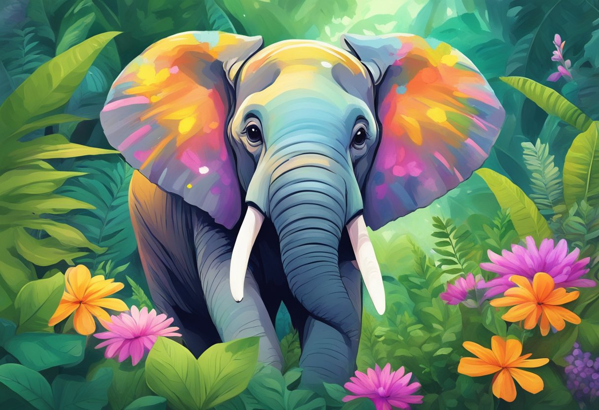 A small elephant wanders through a lush jungle, surrounded by vibrant greenery and colorful flowers, with a sense of curiosity and wonder in its eyes