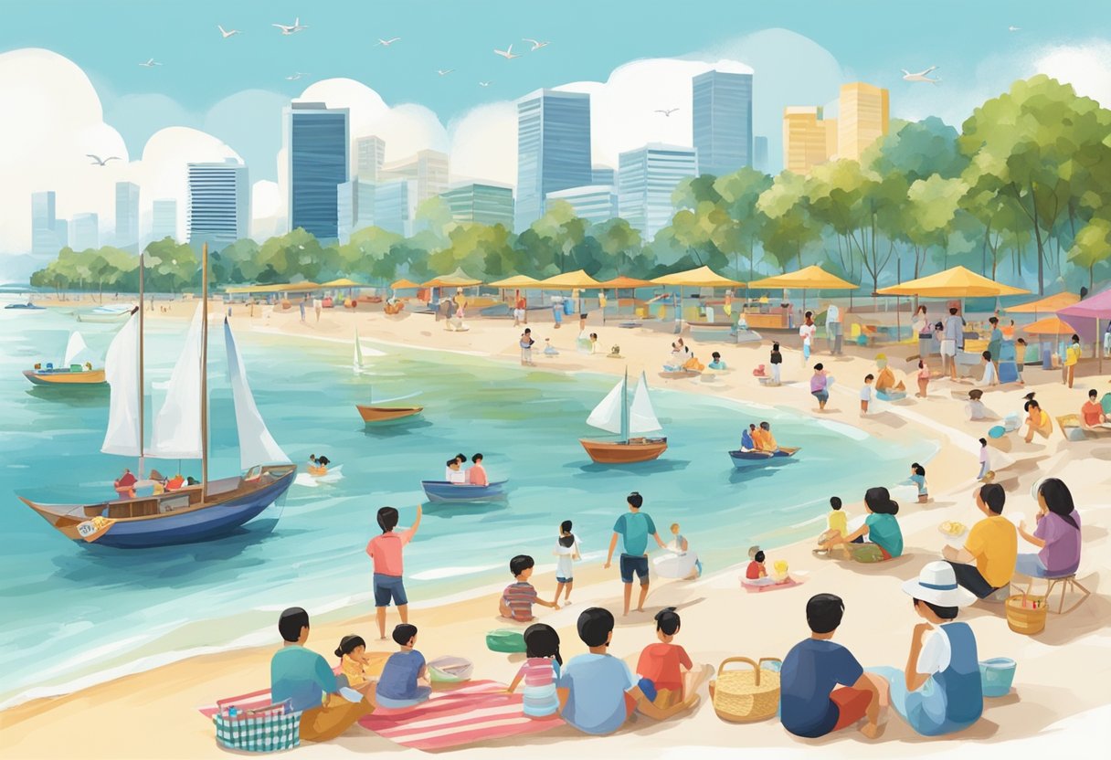 People enjoying beach activities as the tide rolls in at Singapore's coastline. Boats sailing, children playing, and families picnicking on the shore