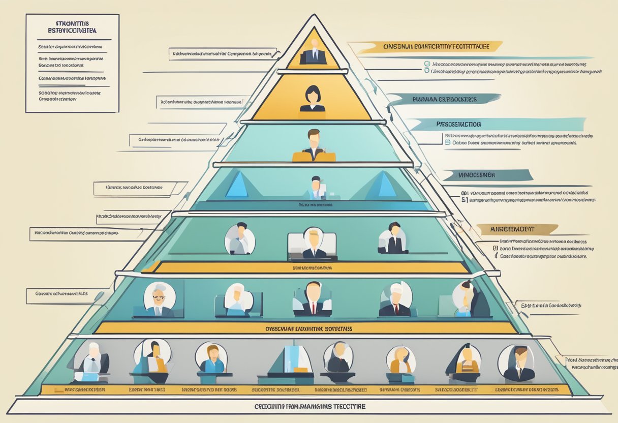 A pyramid-shaped organisational structure with clear levels of authority and decision-making, overseen by a central governing body