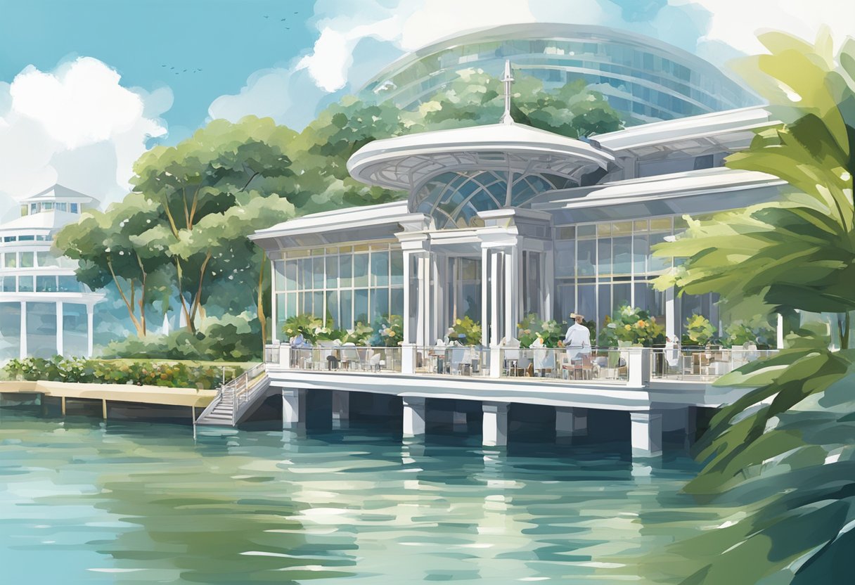 The elegant Fullerton Pavilion overlooks the Marina Bay with Monti restaurant, surrounded by lush greenery and sparkling waters