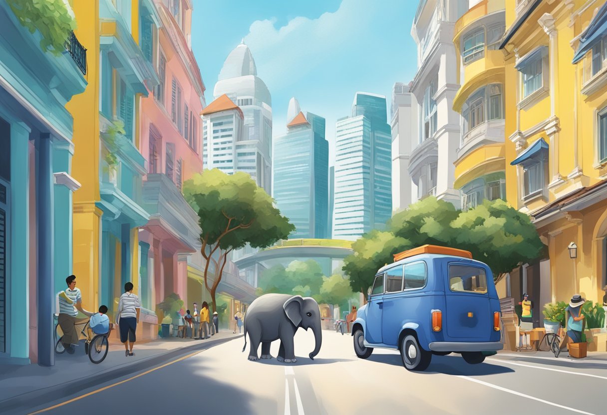 A little elephant exploring Singapore's vibrant streets, engaging with locals and marveling at the city's iconic landmarks