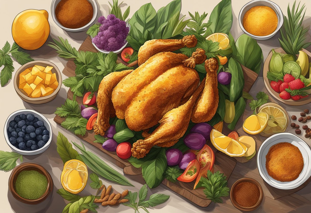 Golden brown oven-fried chicken paired with aromatic Singaporean spices and sauces, surrounded by vibrant herbs and exotic fruits