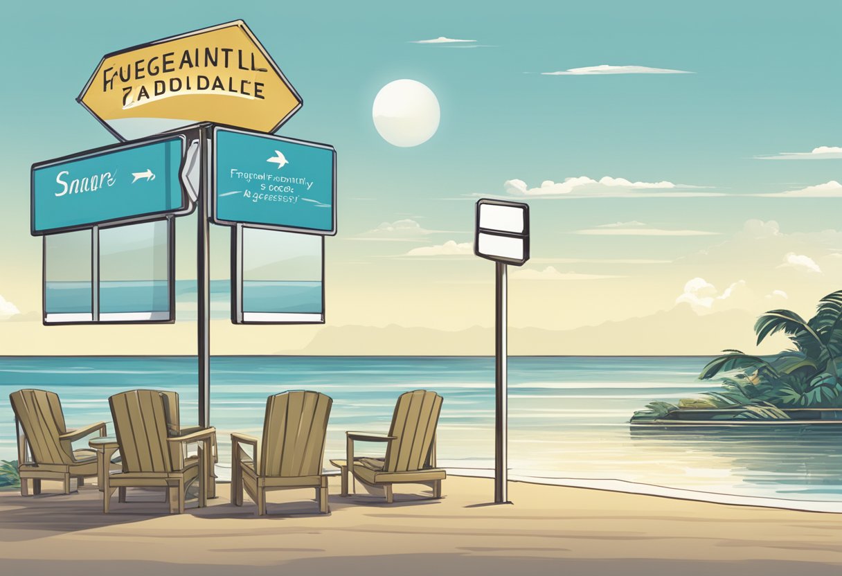 A beach scene with a clear view of the ocean, a visible tide table for Singapore, and a sign indicating "Frequently Asked Questions."