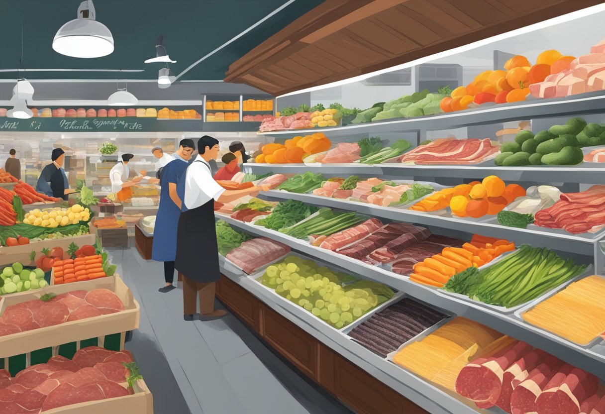 A bustling Italian market with colorful produce, hanging cured meats, and shelves stocked with specialty ingredients at Monti's Italian Gastronomy in Singapore