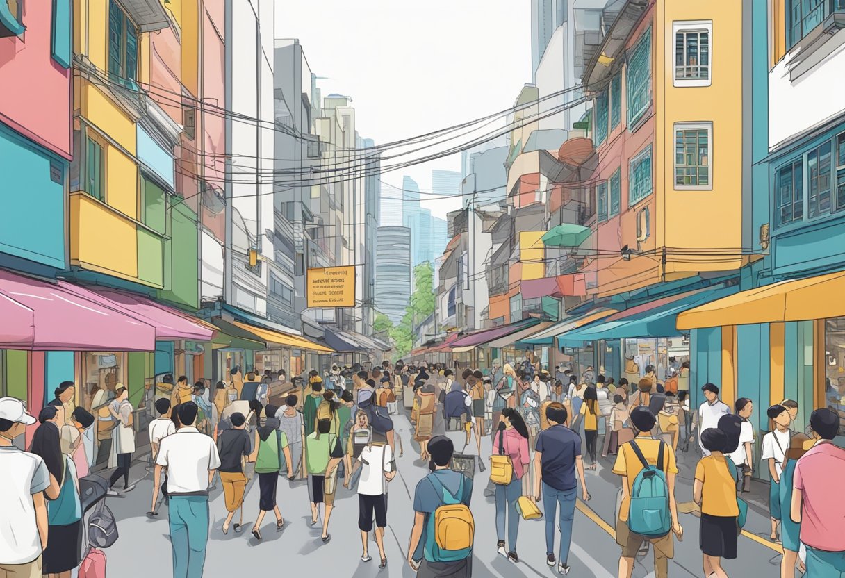 A bustling street in Singapore's Monti district, with colorful signs and bustling crowds outside a building marked "Frequently Asked Questions."