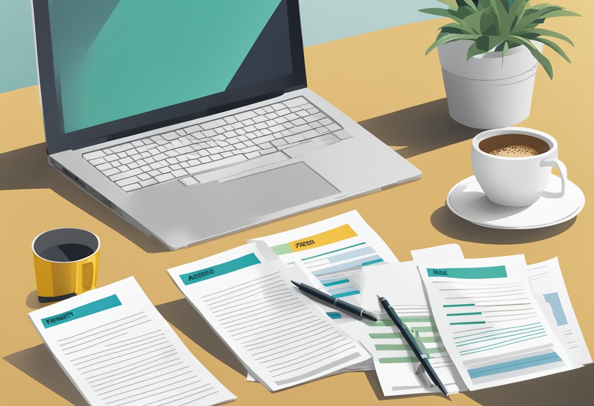 A stack of papers with "Frequently Asked Questions mpa singapore" printed on top, surrounded by a laptop, pen, and coffee cup