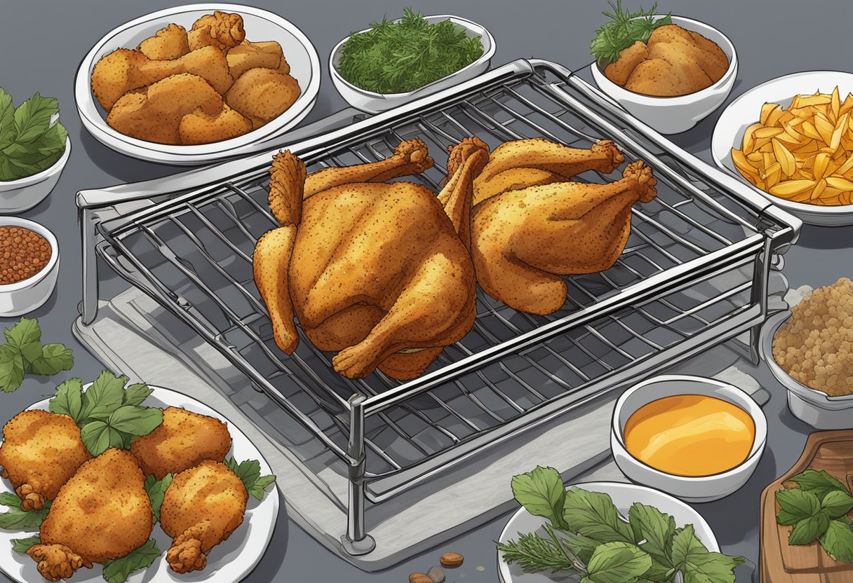 A sizzling hot oven with golden brown chicken pieces on a wire rack, surrounded by aromatic herbs and spices. A digital screen nearby displays "Frequently Asked Questions oven fried chicken singapore."