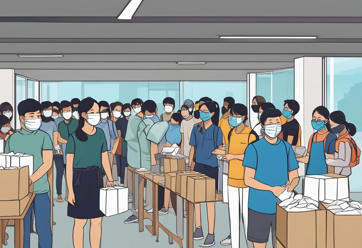 People lining up to donate and collect masks at a designated location in Singapore. Tables filled with various types of masks and volunteers assisting with the distribution