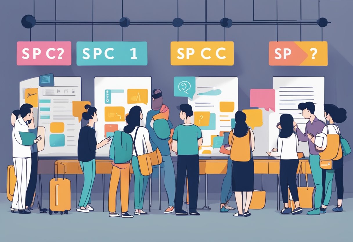 A group of people gathered around a sign that reads "Frequently Asked Questions spc singapore" with various expressions of curiosity and interest