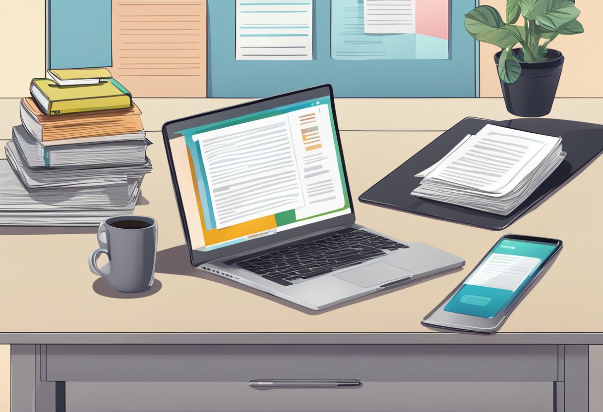 A table with a laptop, smartphone, and a stack of papers. A sign with "Frequently Asked Questions reebelo singapore" on the wall