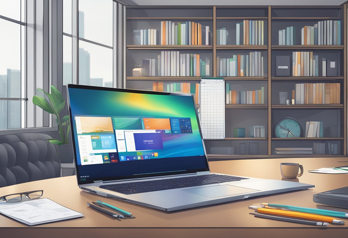 A laptop sitting on a sleek desk in a modern office space in Singapore. The laptop is open and displaying a vibrant screen with various windows and applications