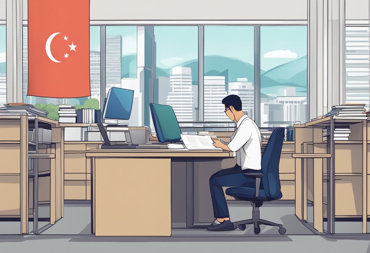A person filling out forms at a government office, with a Singapore flag in the background