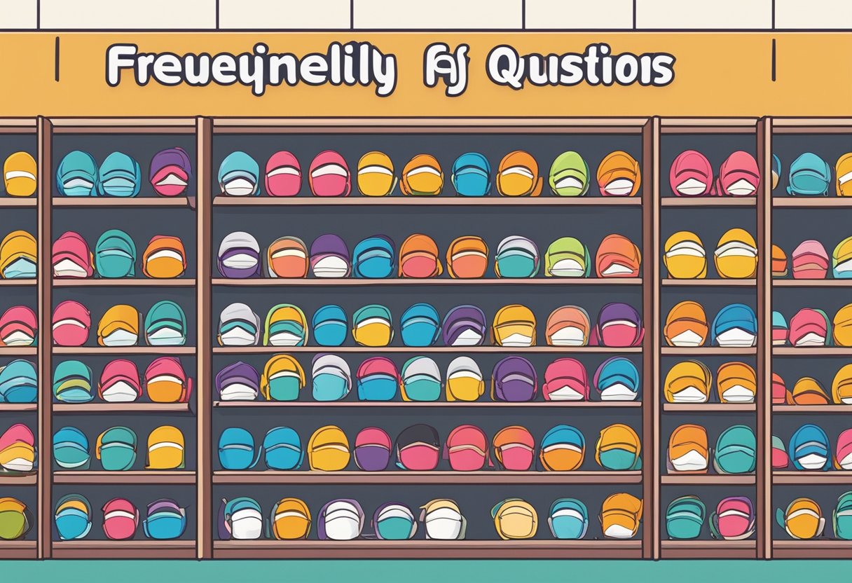 A display of colorful face masks arranged neatly on shelves with a sign reading "Frequently Asked Questions mask collection Singapore."