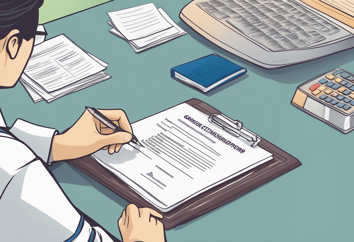A person signing a Singapore citizenship application form at a government office desk
