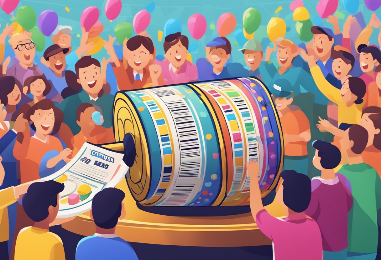 A colorful lottery ticket being drawn from a spinning drum, with excited onlookers watching the numbers being revealed
