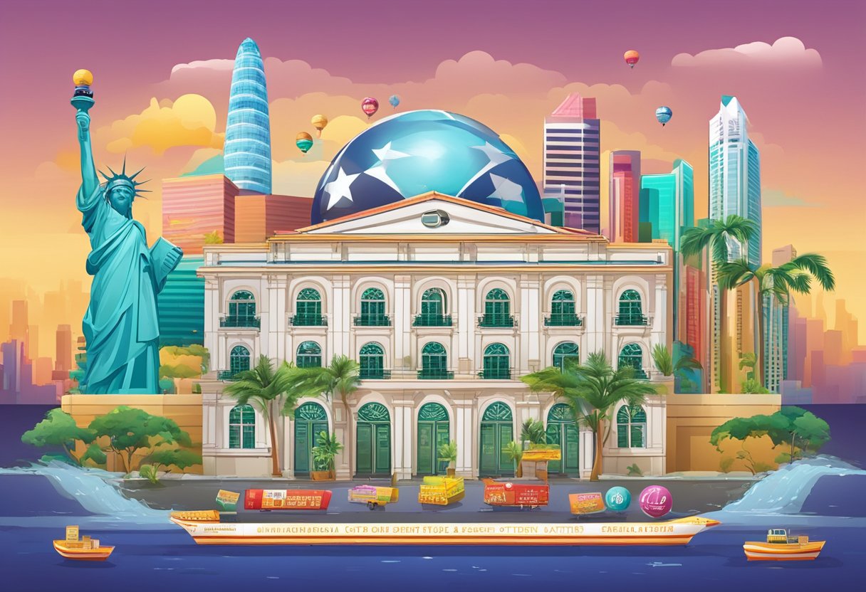 A colorful lottery ticket with Singaporean landmarks in the background