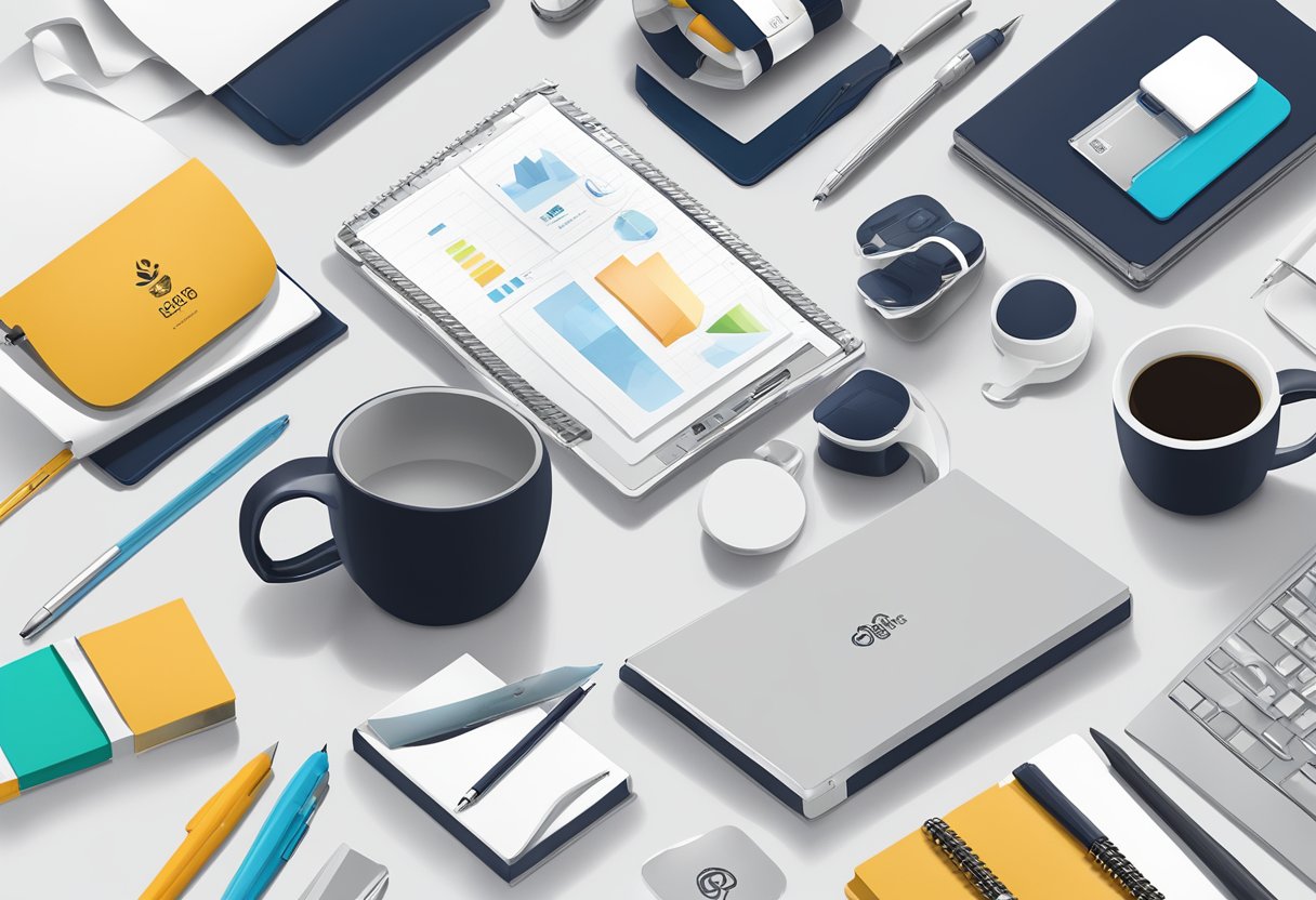 A table filled with branded corporate gifts in Singapore. Items include custom mugs, pens, and tech accessories