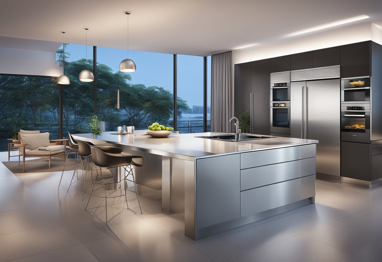 A sleek, modern kitchen with Miele appliances in Singapore. Bright lighting highlights the stainless steel surfaces and minimalist design